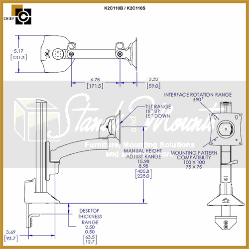 Chief Kontour Single Screen Column Desk Mount Silver K2C110S